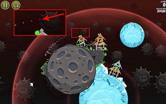 Bardzo prosty etap - wystrzel ptaka nad domkami (w tym celu ustaw tor lotu między kolcami przybliżonej miny) - Level 3-7 | Danger Zone | Angry Birds Space - Angry Birds Space - poradnik do gry