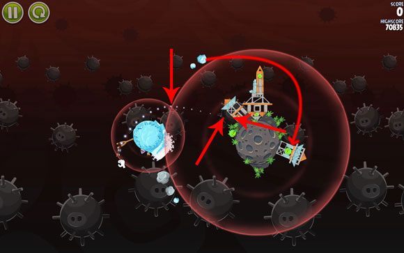 Bardzo trudny etap, gdyż jako jeden z nielicznych wymaga użycia mniejszej siły naciągu - Level 3-8 | Danger Zone | Angry Birds Space - Angry Birds Space - poradnik do gry