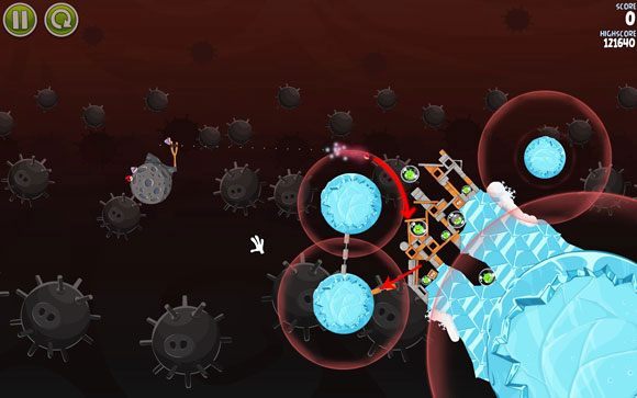 Wystrzel pierwszego ptaka ustawiając trajektorię w taki sposób, aby wchodziła końcówką linii w obszar przyciągania - Level 3-19 | Danger Zone | Angry Birds Space - Angry Birds Space - poradnik do gry