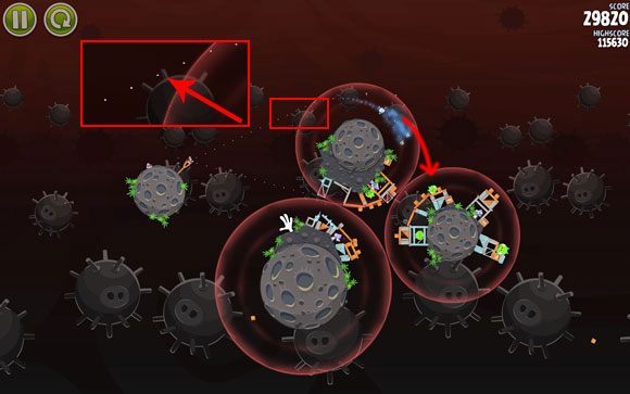 Drugiego ptaka wyślij górą, możesz wspomóc się przybliżonym fragmentem, gdzie tor lotu przechodzi przez jeden z wytyków miny - Level 3-23 | Danger Zone | Angry Birds Space - Angry Birds Space - poradnik do gry