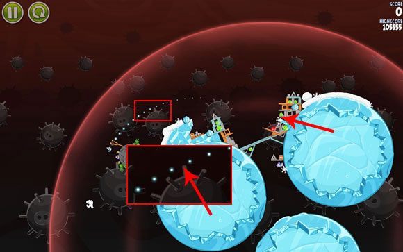 Tor lotu pierwszego ptaka wyceluj tuż nad wytyk przybliżonej na obrazku miny - Level 3-25 | Danger Zone | Angry Birds Space - Angry Birds Space - poradnik do gry