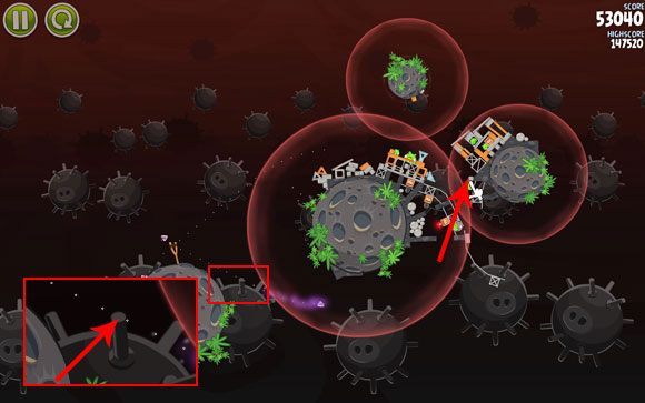 Drugiego ptaka poślij na dół - ustaw jego trajektorię tak, by przechodziła przez zaznaczony wytyk miny - Level 3-27 | Danger Zone | Angry Birds Space - Angry Birds Space - poradnik do gry