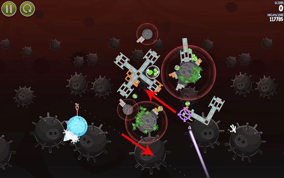 Poziom, w którym w przypadku pierwszego strzału bardzo ciężko wspomóc gracza dokładną pozycją momentu zmiany kursu - Level 3-30 | Danger Zone | Angry Birds Space - Angry Birds Space - poradnik do gry