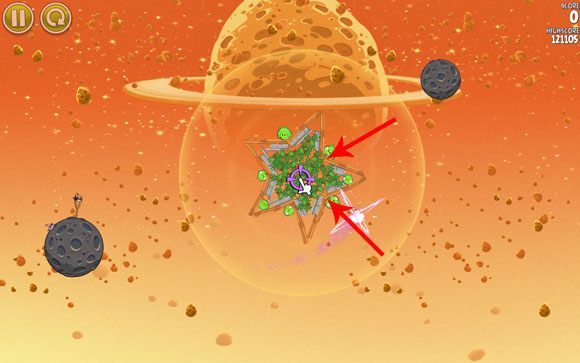 Etap jest bardzo prosty - po wystrzeleniu ptaka musisz zmienić jego kurs tak, aby wleciał w środek konstrukcji - Level E-5 | Eggsteroids | Angry Birds Space - Angry Birds Space - poradnik do gry