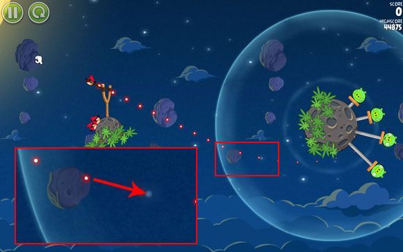 Aby pozbyć się wszystkich prosiaków za jednym razem wyceluj ptaka tak, aby leciał od dołu dzięki czemu strącisz wszystkie belki - Level 1 - 1, 2 | Pig Bang | Angry Birds Space - Angry Birds Space - poradnik do gry