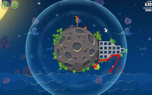 Ptak obleci planetę i uderzy w zastawioną przeszkodę - odczekaj chwilkę aż się sturla i tym samym zgładzi świnię - Level 1 - 3 | Pig Bang | Angry Birds Space - Angry Birds Space - poradnik do gry