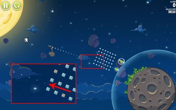 Wyceluj ptaka między oznaczone rzędy bloków, postaraj się aby było to jak najbliżej środka - Level 1 - 9 | Pig Bang | Angry Birds Space - Angry Birds Space - poradnik do gry