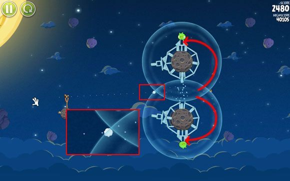 Moment rozdzielenia trójki ptaków przypada na mniej więcej linię graniczną - zadanie będzie wymagało pewnie kilku prób oraz dostosowywania momentu rozłączenia - Level 1 - 10 | Pig Bang | Angry Birds Space - Angry Birds Space - poradnik do gry