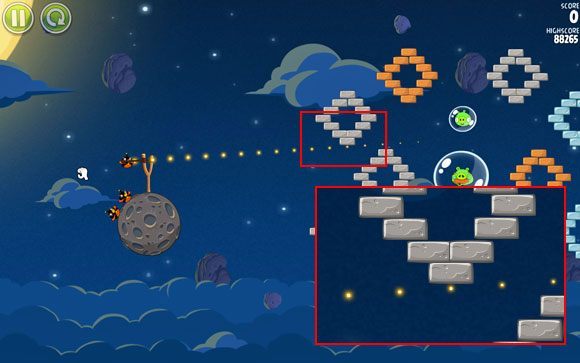 Pierwszy strzał jest bardzo kluczowy, od razu można zastrzec, iż jeśli Ci nie wyjdzie to prawdopodobnie nie osiągniesz trzech gwiazdek - Level 1 - 14 | Pig Bang | Angry Birds Space - Angry Birds Space - poradnik do gry