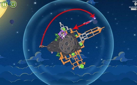 Dość trudny etap, gdyż ciężko zdobyć tutaj wymaganą liczbę punktów pomimo rozwalenia niemalże wszystkiego - Level 1 - 23 | Pig Bang | Angry Birds Space - Angry Birds Space - poradnik do gry