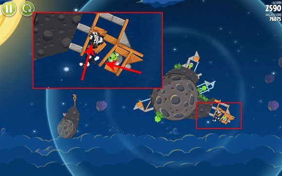 Ptak musi dolecieć do zaznaczonego miejsca przebijając się przez pierwszą drewnianą kolumnę - Level 1 - 24 | Pig Bang | Angry Birds Space - Angry Birds Space - poradnik do gry
