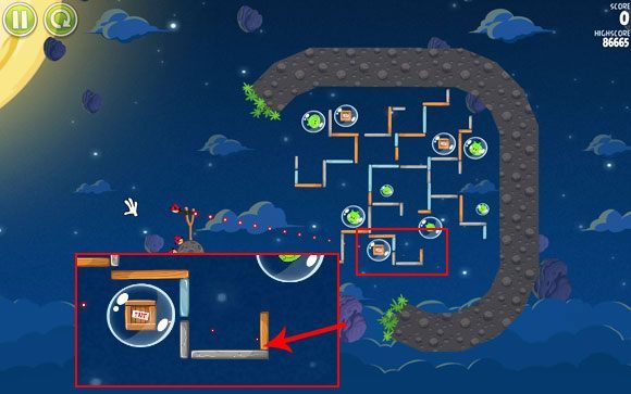 Twoim celem jest stworzenie reakcji łańcuchowej niszczącej wszystko dookoła przy wystrzeleniu możliwie tylko jednego ptaka - Level 1 - 26 | Pig Bang | Angry Birds Space - Angry Birds Space - poradnik do gry