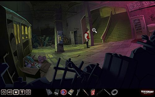 Przez wagon wróć na plac przy dużych schodach, gdzie zainteresuj się uszkodzoną obręczą do gry w koszykówkę, przymocowaną do kolumny po prawej - Zdobądź rewolwer | Nowy Jork - stacja metra Cadway | Yesterday - Yesterday - poradnik do gry
