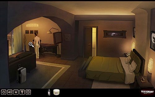 Opuść łazienkę (kursor kierunkowy na widocznych w lustrze otwartych drzwiach po lewej) i w pokoju ze stojącego po lewej biurka weź nożyk do listów - Odkryj pierwsze słowo hasła | Paryż - hotel Dore | Yesterday - Yesterday - poradnik do gry