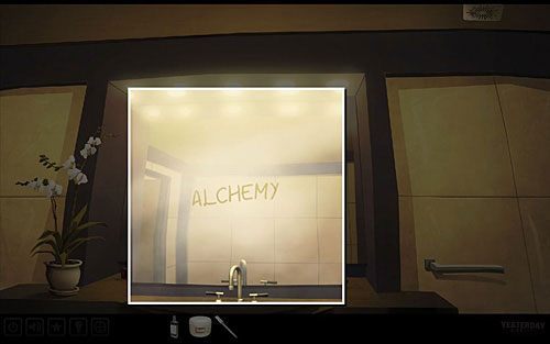 Odkręć kurek z gorącą wodą (lewy) i odczytaj napis na lustrze (alchemia) - Odkryj pierwsze słowo hasła | Paryż - hotel Dore | Yesterday - Yesterday - poradnik do gry
