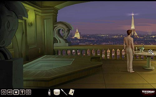 Udaj się na taras, gdzie zabierz leżącą na stoliku po prawej identyczną kartę powitalną, tyle że nieuszkodzoną - Odkryj drugie słowo hasła | Paryż - hotel Dore | Yesterday - Yesterday - poradnik do gry