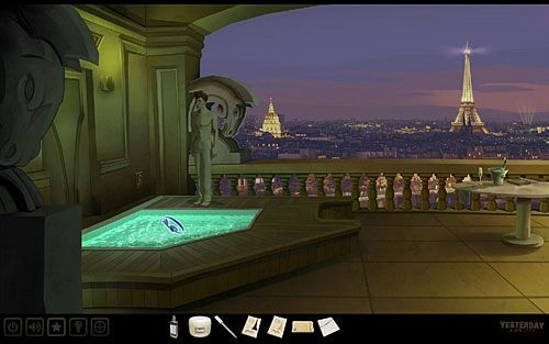 Spójrz na dno jacuzzi przez gogle - John dostrzeże namalowaną fluorescencyjną farbą linię, tworzącą na zbudowanym z kwadratowych płytek dnie zarys szachownicy - Dostań się do sejfu | Paryż - hotel Dore | Yesterday - Yesterday - poradnik do gry