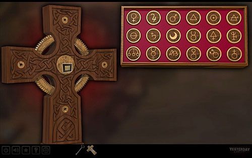 Następnie kliknij tablicą z symbolami na centrum krzyża (jasne drewniane koło) - Znajdź notatnik ojca Pauline | Paryż - sklep z antykami | Yesterday - Yesterday - poradnik do gry