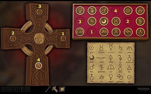 Przyjrzyj się zatem kartce z symbolami i ich nazwami, by wiedzieć, który rysunek odpowiada której nazwie, a następnie wybierz kolejno stosowne bolce z symbolami z pudełka i zainstaluj je we właściwych miejscach na krzyżu - Znajdź notatnik ojca Pauline | Paryż - sklep z antykami | Yesterday - Yesterday - poradnik do gry