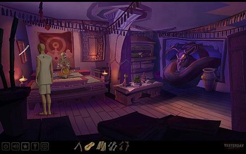 Kataną otwórz okno po lewej, które jest za daleko, by odemknąć je rękoma, nie przeszkadzając mistrzowi w medytacji - Pokonaj mistrza w zgadywance | Klasztor gdzieś hen w górach | Yesterday - Yesterday - poradnik do gry