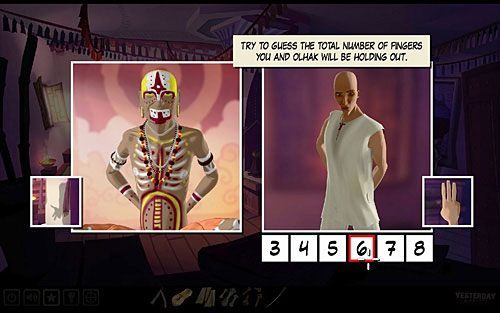 Teraz, kiedy w pomieszczeniu jest nieco jaśniej, możesz podejrzeć, ile palców pokazuje mistrz, ukrywający rękę za plecami - bowiem jej cień, dzięki światłu z okna, pada na ścianę - Pokonaj mistrza w zgadywance | Klasztor gdzieś hen w górach | Yesterday - Yesterday - poradnik do gry