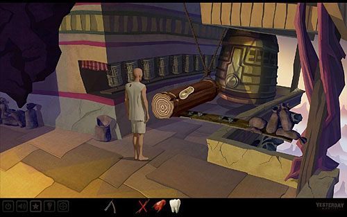 Gdy kłoda znajdzie się w pozycji poziomej, obwiąż ją liną, po czym wpraw w ruch, by uderzyła w dzwon - Uruchom dzwon (2) | Klasztor gdzieś hen w górach | Yesterday - Yesterday - poradnik do gry