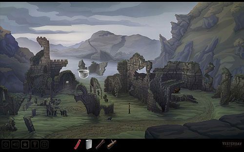 W ogólnym widoku na ruiny nabierz do garnka wody z jeziora - Oczyść krzyż | Szkocja - ruiny kościoła św. Fergusa | Yesterday - Yesterday - poradnik do gry