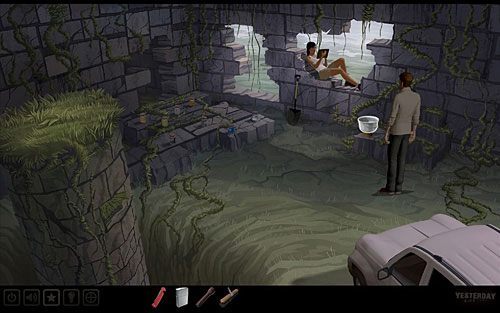 Wróć do miejsca, gdzie w wyrwie w murze siedzi Pauline i postaw garnek z wodą na znajdującym się tam kocherze (na niewysokim murku poniżej dziewczyny) - Oczyść krzyż | Szkocja - ruiny kościoła św. Fergusa | Yesterday - Yesterday - poradnik do gry