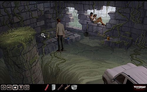 Zwróć uwagę na słoiki z alchemicznymi miksturami poustawiane na murku w centrum lokacji z Pauline - Oczyść krzyż | Szkocja - ruiny kościoła św. Fergusa | Yesterday - Yesterday - poradnik do gry