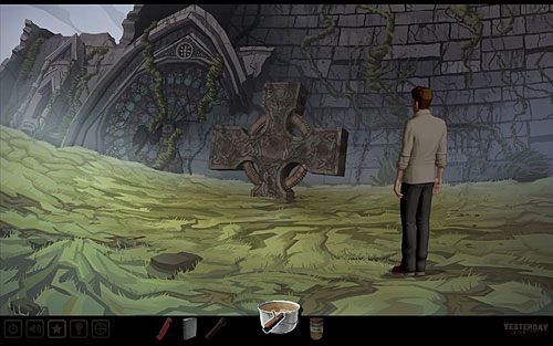 Zamocz szczotkę w garnku z gorącą wodą z octem i oczyść nią krzyż do końca - Oczyść krzyż | Szkocja - ruiny kościoła św. Fergusa | Yesterday - Yesterday - poradnik do gry