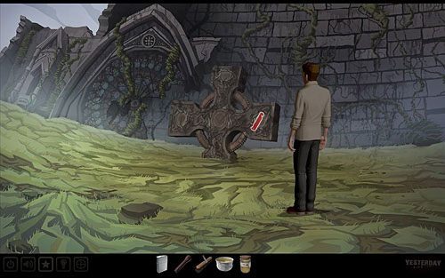 Po dokładnym wyszorowaniu krzyża na jego szczycie i ramionach ujawnią się okrągłe zaślepki - Uruchom mechanizm krzyża | Szkocja - ruiny kościoła św. Fergusa | Yesterday - Yesterday - poradnik do gry