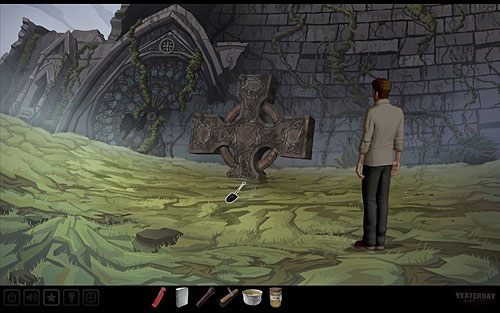 Wróć pod krzyż i łopatą usuń ziemię poniżej niego - Uruchom mechanizm krzyża | Szkocja - ruiny kościoła św. Fergusa | Yesterday - Yesterday - poradnik do gry