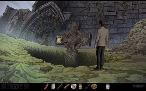 w otworze za zaślepką na lewym ramieniu - siarkę, - Uruchom mechanizm krzyża | Szkocja - ruiny kościoła św. Fergusa | Yesterday - Yesterday - poradnik do gry