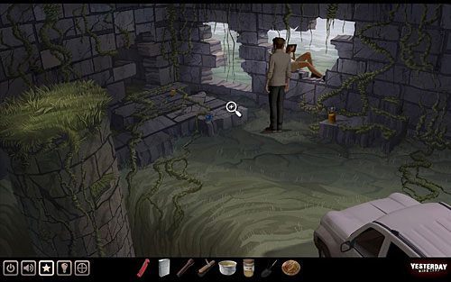 Kolejny raz pomaszeruj więc do Pauline i z murku weź stojący najbardziej po prawej słoik z alkoholem (oczywiście, jeśli zgarnąłeś od razu wszystkie słoiki z substancjami, nie musisz latać tam i z powrotem) - Uruchom mechanizm krzyża | Szkocja - ruiny kościoła św. Fergusa | Yesterday - Yesterday - poradnik do gry