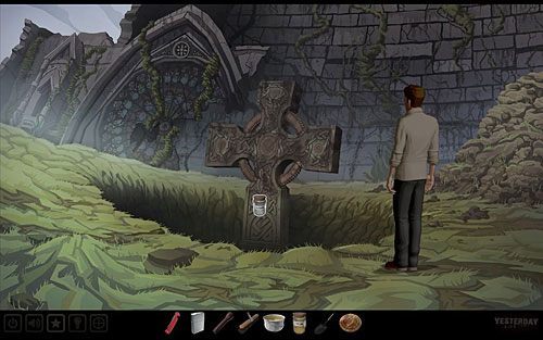 Nalej trochę alkoholu ze słoika do dolnego otworu w krzyżu, po czym podpal go zapalniczką - Uruchom mechanizm krzyża | Szkocja - ruiny kościoła św. Fergusa | Yesterday - Yesterday - poradnik do gry