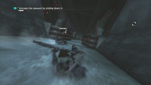 Gdy zakończy się dłuższy przerywnik, zyskamy kontrolę nad Danem zjeżdżającym szybko pochyłą rynną - Rozdział 1 Hit and Run (2) | Opis przejścia Binary Domain - Binary Domain - poradnik do gry