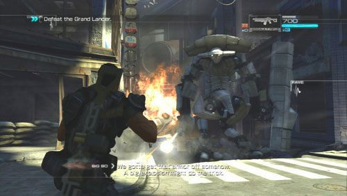 Jak tylko znajdziemy się na ulicy zaatakuje nas poznany wcześniej ciężko opancerzony robot Lancer - Rozdział 2 Yearn For Refuge (1) | Opis przejścia Binary Domain - Binary Domain - poradnik do gry