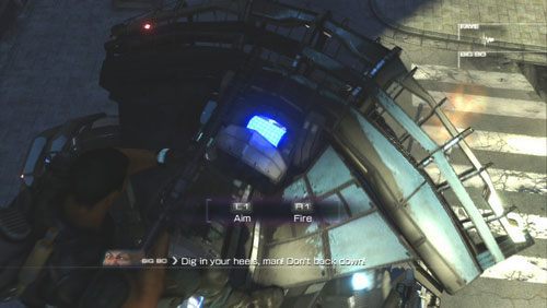 Stojąc na robocie będziemy musieli ostrzeliwać jego głowę oraz balansować tak by nas nie strącił - Rozdział 2 Yearn For Refuge (1) | Opis przejścia Binary Domain - Binary Domain - poradnik do gry