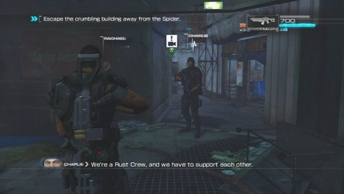 Po dotarciu do budynku prowadzimy pogawędkę z kompanami i wchodzimy po schodach na drugie piętro mijając po drodze sklepik - Rozdział 2 Yearn For Refuge (2) | Opis przejścia Binary Domain - Binary Domain - poradnik do gry