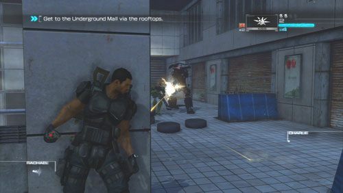 Przez rusztowania wejdziemy do budynku i wpadniemy na większego robota uzbrojonego w działko obrotowe wraz z niewielką obstawą - Rozdział 2 Yearn For Refuge (2) | Opis przejścia Binary Domain - Binary Domain - poradnik do gry