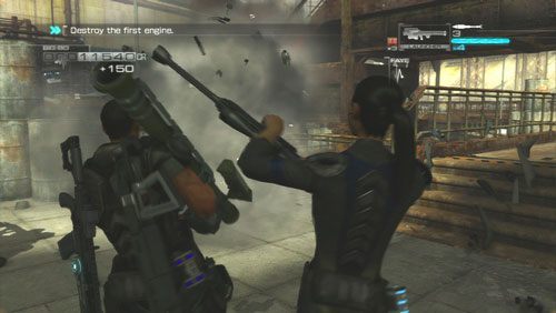 Dodatkowym utrudnieniem są latające drony ostrzeliwujące nas z karabinków, na szczęście nie zadają one sporych obrażeń - Rozdział 2 Yearn For Refuge (4) | Opis przejścia Binary Domain - Binary Domain - poradnik do gry