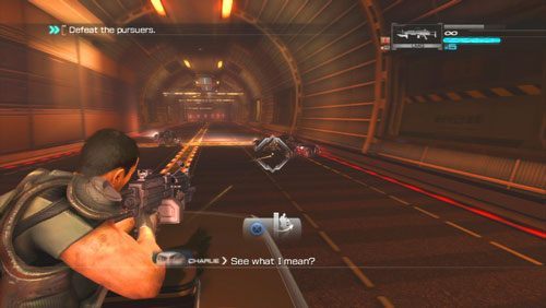 Po przerywniku wraz z nowym członkiem zespołu zaczniemy ucieczkę przed policją, podczas której będziemy ostrzeliwali przeciwników wychyleni przez rozsuwany dach - Rozdział 3 Bad Ground (1) | Opis przejścia Binary Domain - Binary Domain - poradnik do gry