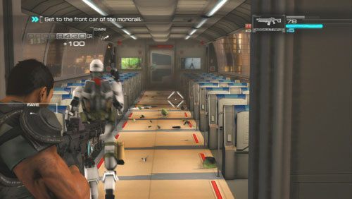 Po wejściu do kolejnego wagonu wpadniemy na kilka zielonych jednostek, po których nadciągną czarne jednostki szturmowe - Rozdział 4 Reafuse and Resist (1) | Opis przejścia Binary Domain - Binary Domain - poradnik do gry