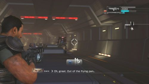 Idąc dachem pociągu wpadniemy na dwa ciężkie roboty uzbrojone w działka obrotowe oraz latające na transportowcach zielone jednostki - Rozdział 4 Reafuse and Resist (1) | Opis przejścia Binary Domain - Binary Domain - poradnik do gry