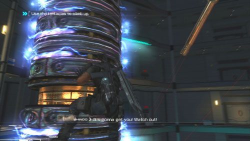 Jeżeli ustawimy się między dwoma segmentami będziemy mogli obchodzić je dookoła, bez obawy o to, że zostaniemy porażeni - Rozdział 5 Intelligent Artifice (1) | Opis przejścia Binary Domain - Binary Domain - poradnik do gry