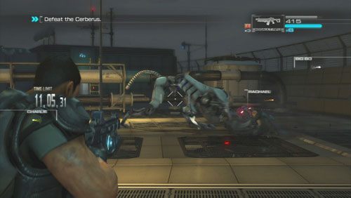 Nasz przeciwnik atakuje gryząc, szarżując oraz skacząc, starajmy się unikać jego ataków trzymając się na dystans i odskakując na bok tuż przed jego atakiem - Rozdział 5 Intelligent Artifice (4) | Opis przejścia Binary Domain - Binary Domain - poradnik do gry