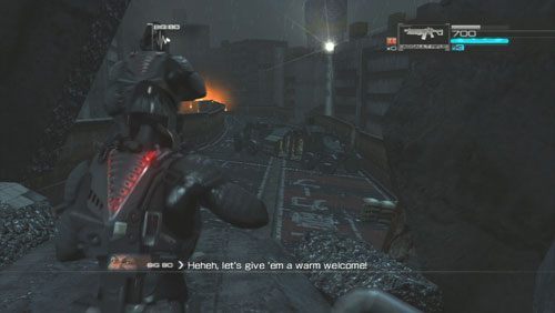 [6] Pod koniec rozdziału, gdy zaczniemy kierować się do punktu zbornego (oznaczonego mrugającym światłem) wejdziemy na wzniesienie i zobaczymy przyjazd transportowca - Rozdział 1 | Bonusy (Secur-Com) Binary Domain - Binary Domain - poradnik do gry