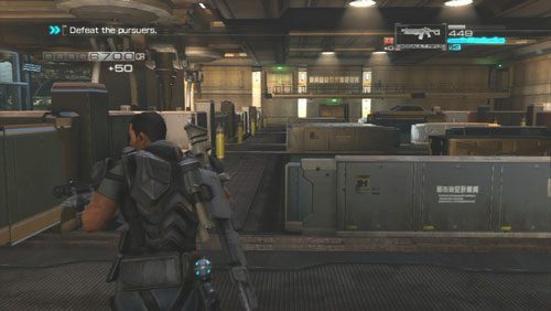 [6] W podziemnym parkingu, na który dostaliśmy się podążając za członkami ruchu oporu, rozprawiamy się z przeciwnikami i podchodzimy pod drzwi wyjściowe - Rozdział 4 | Bonusy (Secur-Com) Binary Domain - Binary Domain - poradnik do gry