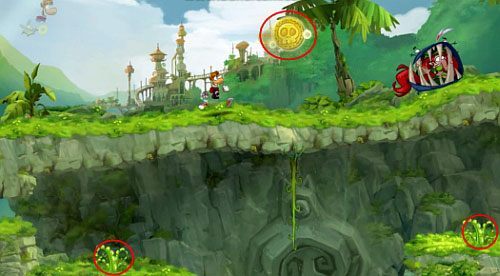 Po naskoczeniu na najbliższą platformę pojawią się 4 L, a po minięciu roślinki kolejne 3 L, które znajdziesz tuż przed gejzerem - Zupełnie jak w dżungli (100 L) | Pokręcona Dżungla | Rayman Origins - Rayman Origins - poradnik do gry