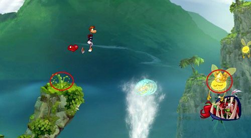 Następnie zostaniesz przeniesiony na planszę, gdzie musisz zniszczyć obie pomarańczowe galarety, aby górna część planszy zaczęła się poruszać w górę i dół - Zupełnie jak w dżungli (100 L) | Pokręcona Dżungla | Rayman Origins - Rayman Origins - poradnik do gry